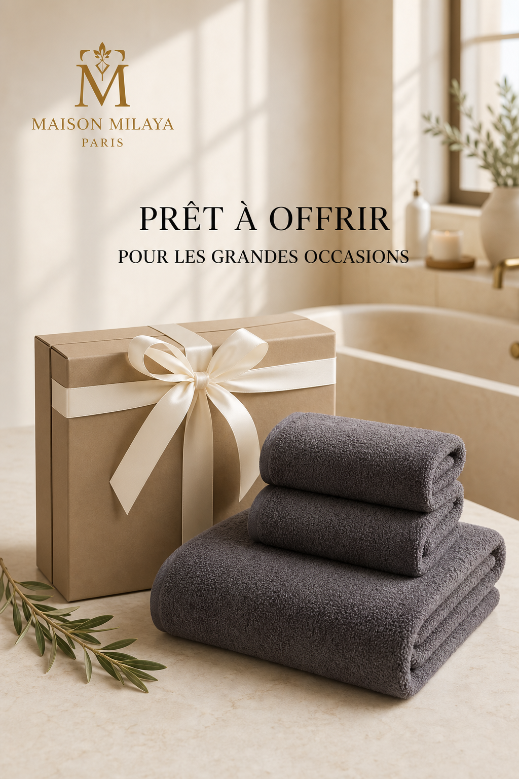 Coffret cadeau Maison Milaya avec trois serviettes en coton assorties