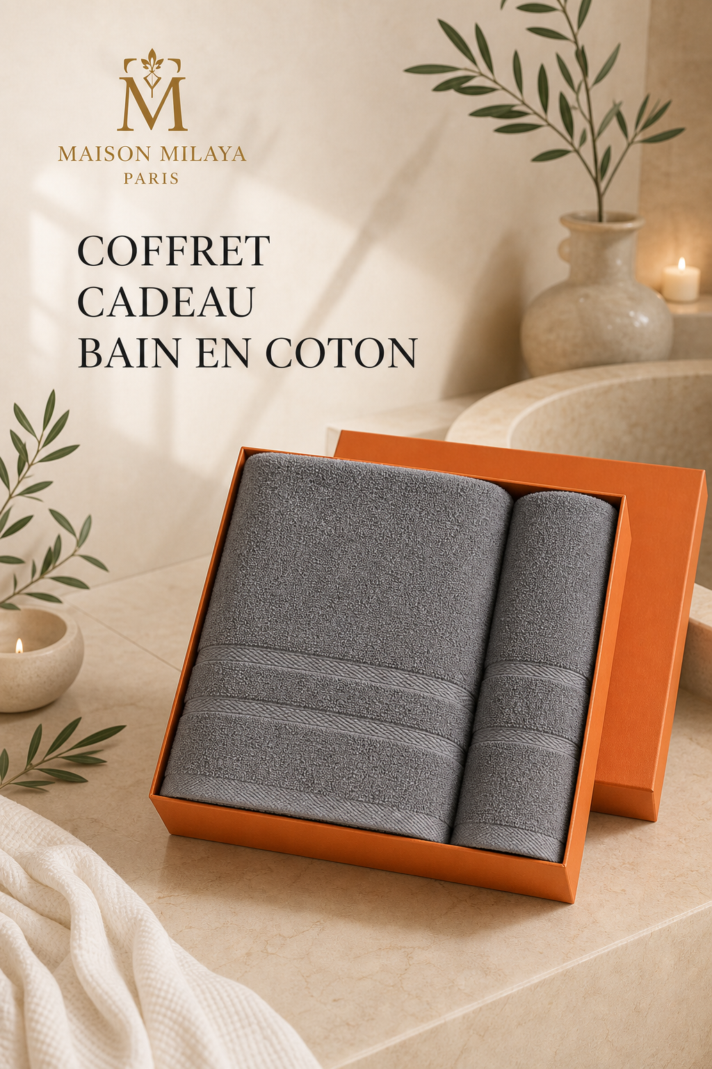 Coffret cadeau bain en coton avec serviette et essuie-mains – Maison Milaya