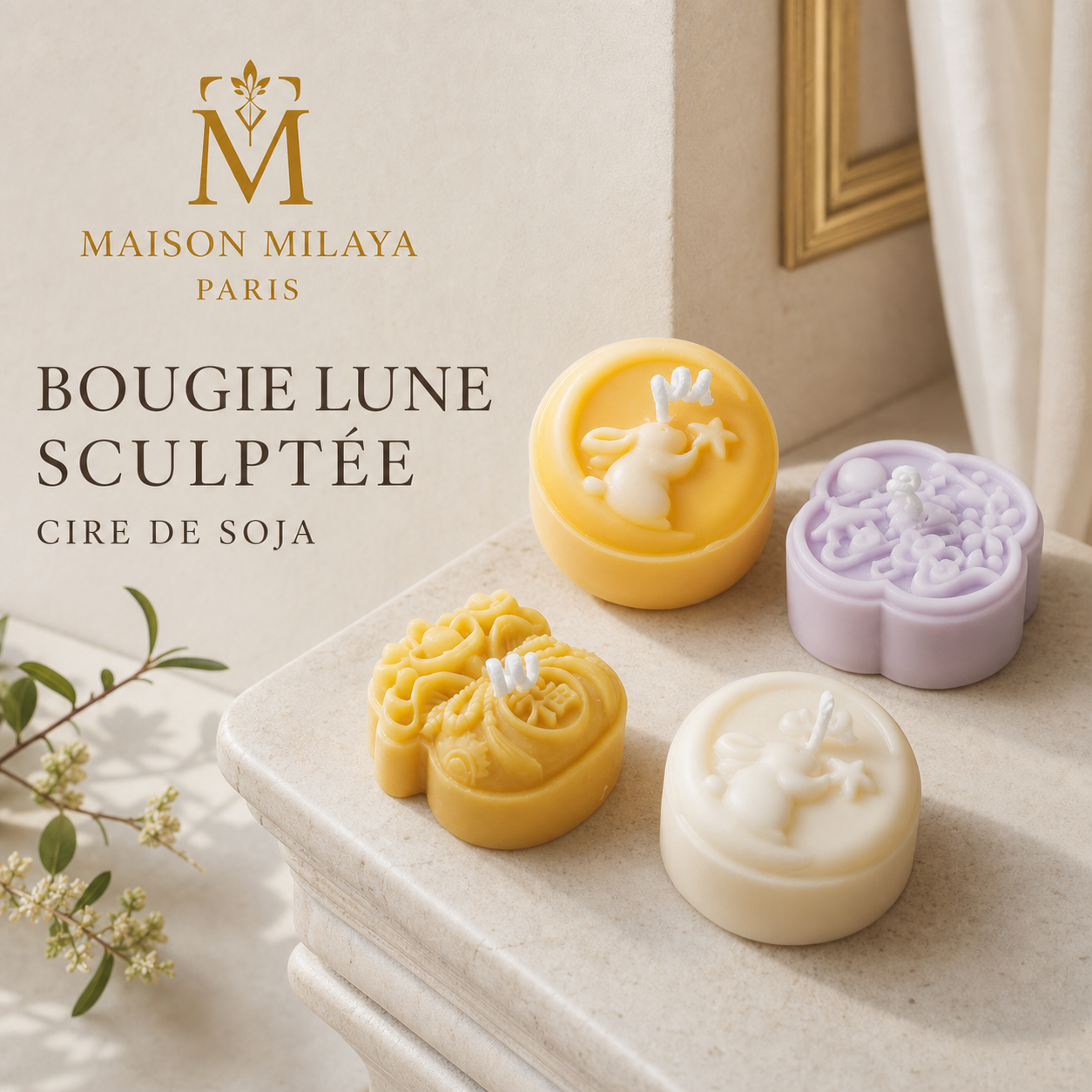 Bougie Lune Sculptée en Cire de Soja – Maison Milaya — vue principale