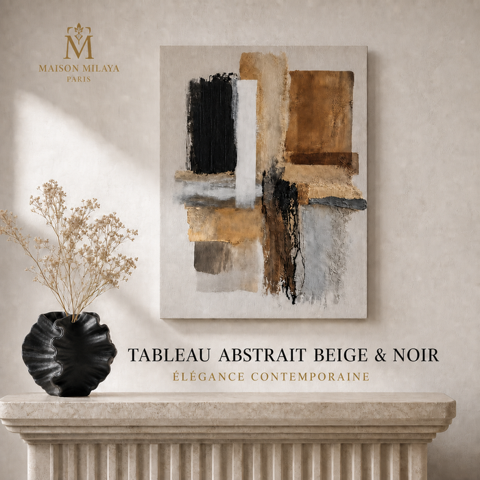 Tableau Abstrait Beige & Noir – Élégance Contemporaine – Maison Milaya — vue principale