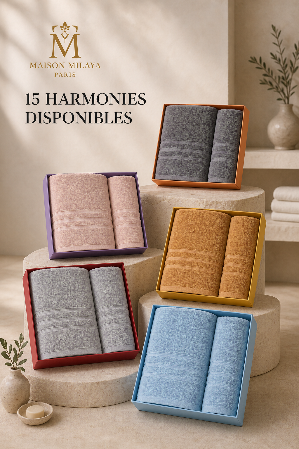 Coffret cadeau bain en coton disponible en 15 harmonies de couleurs