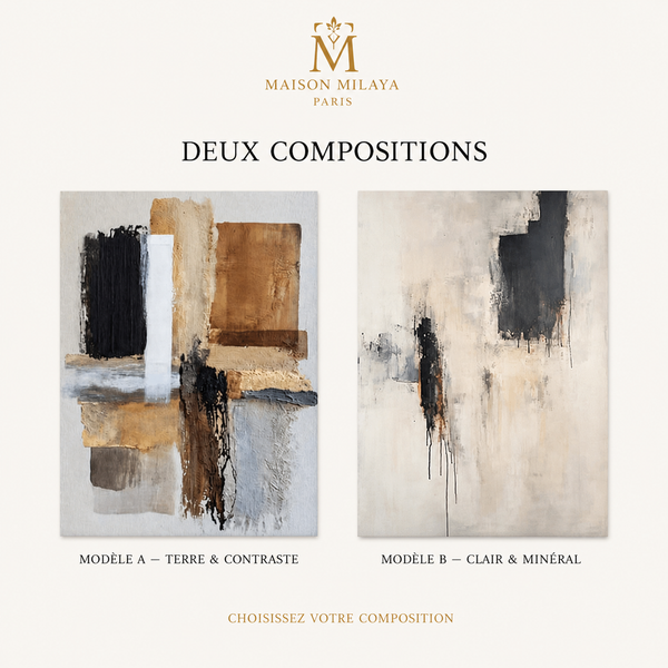 Tableau Abstrait Beige & Noir – Élégance Contemporaine – Maison Milaya — variantes disponibles