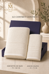Dimensions de la serviette de bain 70 × 140 cm et de l’essuie-mains 35 × 75 cm