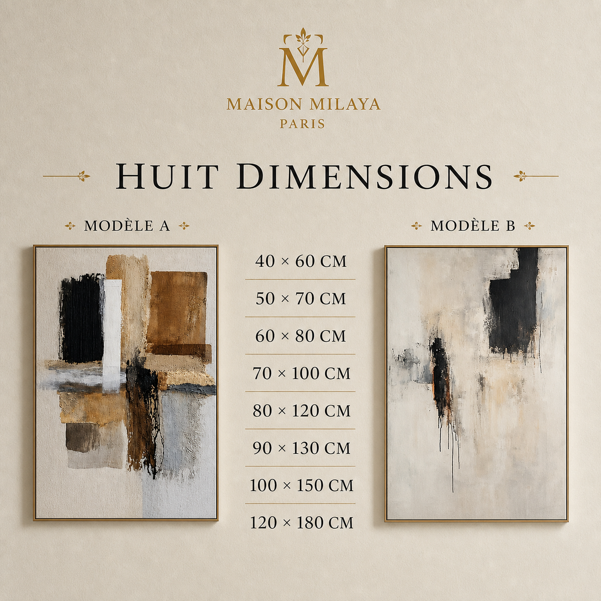 Tableau Abstrait Beige & Noir – Élégance Contemporaine – Maison Milaya — dimensions et formats