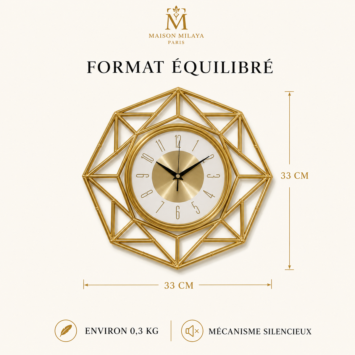 Horloge Murale Géométrique 33 cm – Maison Milaya — dimensions et formats