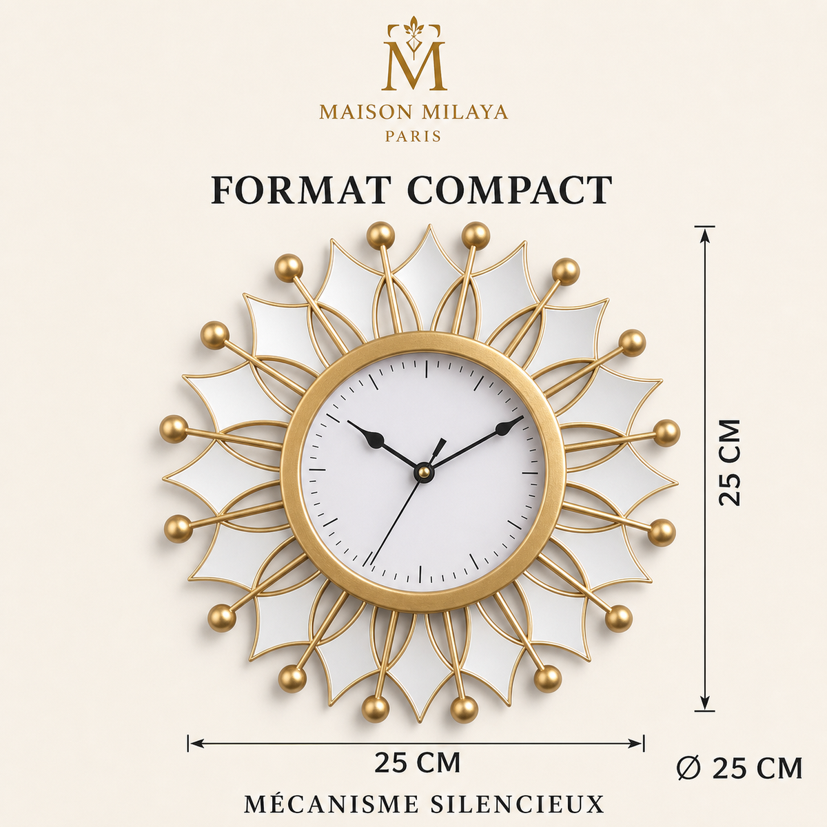 Horloge Murale Rétro à Miroirs 25 cm – Maison Milaya — dimensions et formats