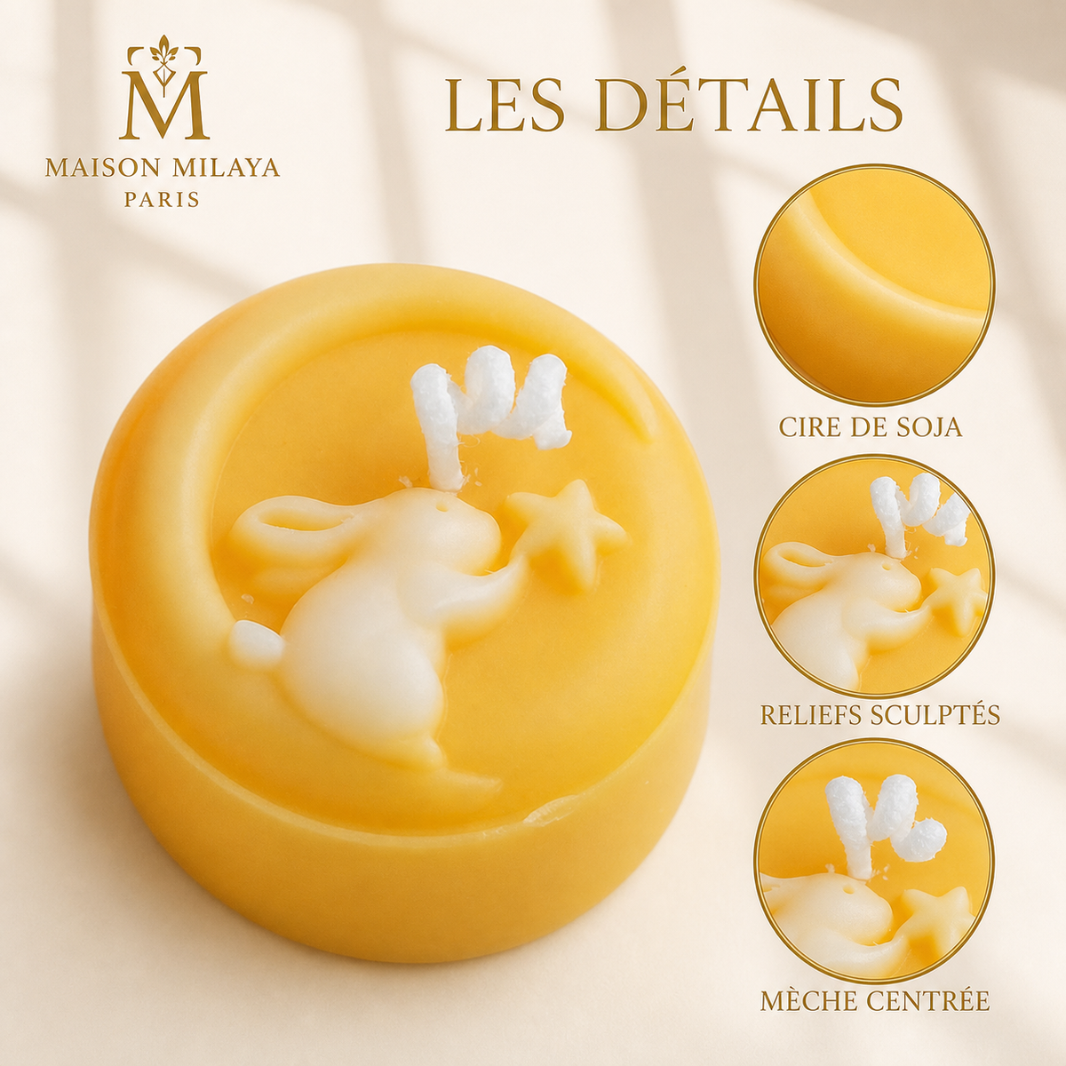 Bougie Lune Sculptée en Cire de Soja – Maison Milaya — détails du produit
