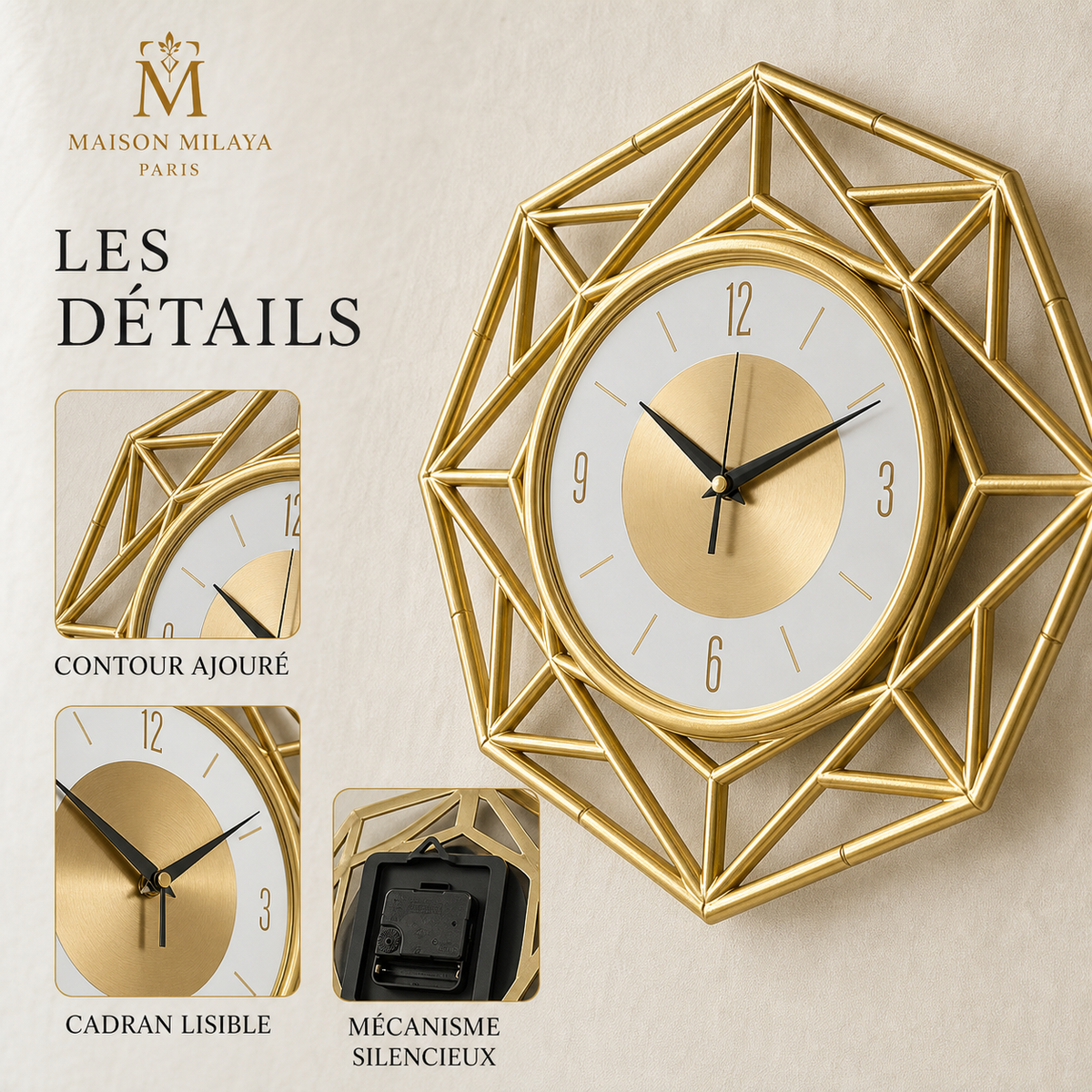 Horloge Murale Géométrique 33 cm – Maison Milaya — détails du produit