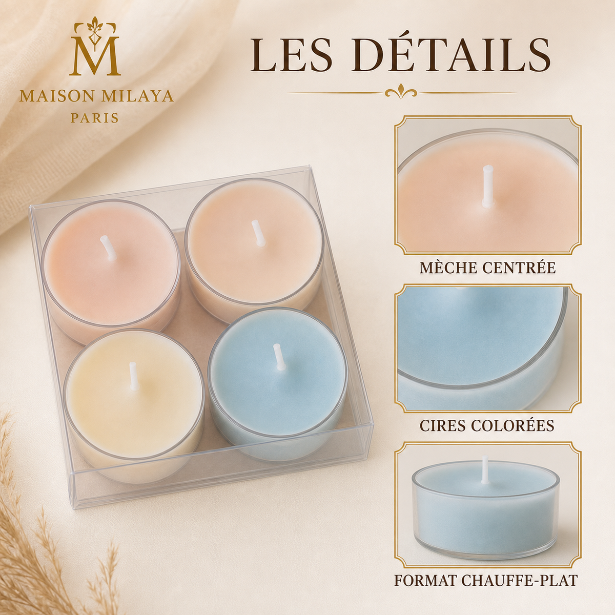 Coffret de 4 Bougies Chauffe-Plat Parfumées – Maison Milaya — détails du produit