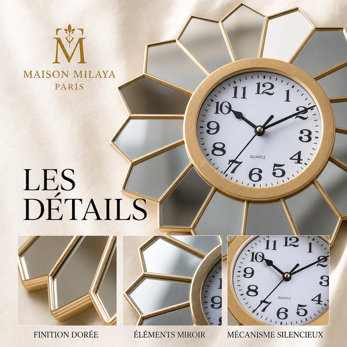Horloge Murale Rétro à Miroirs 25 cm – Maison Milaya — détails du produit