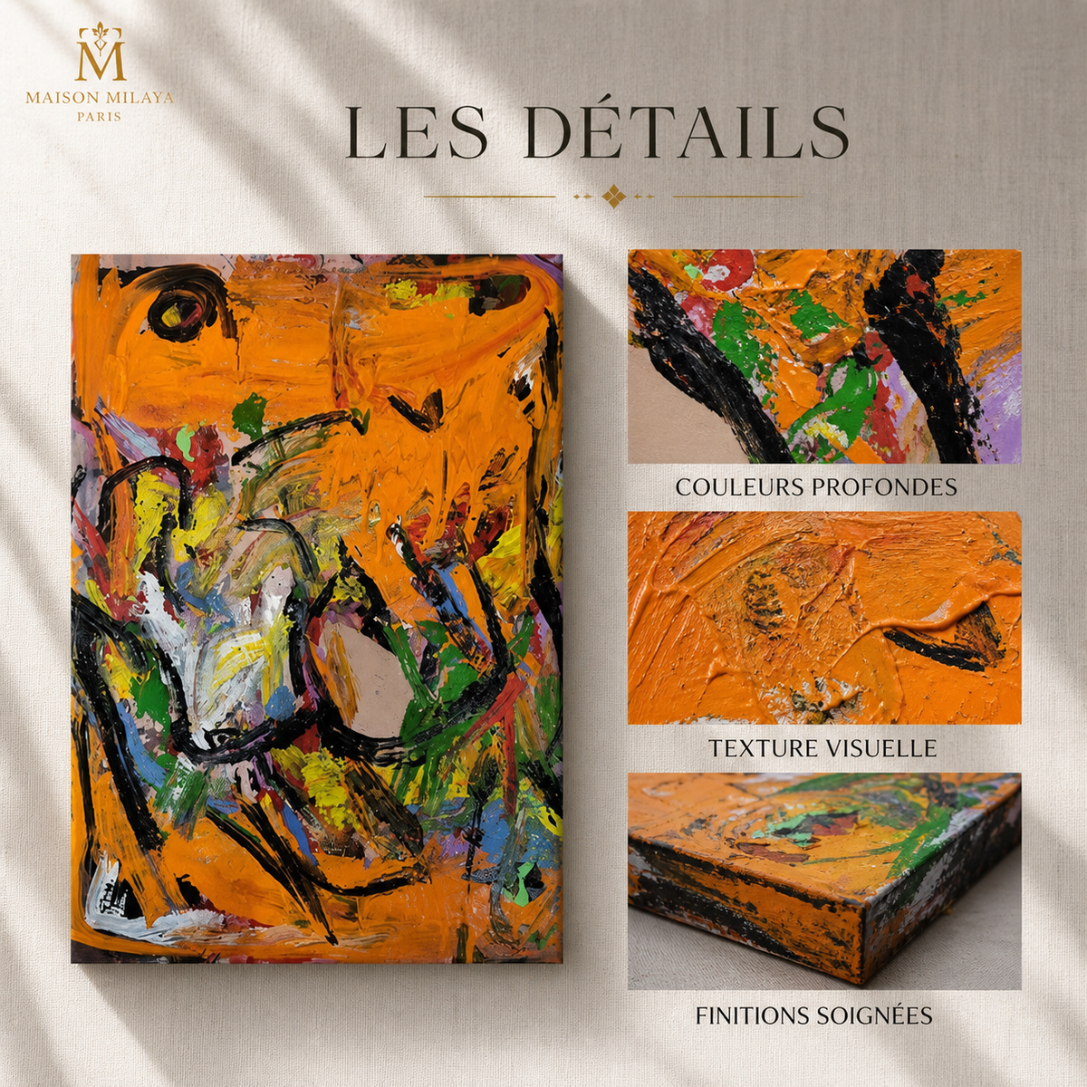 Tableau Abstrait Moderne aux Tons Orange – Maison Milaya — détails du produit