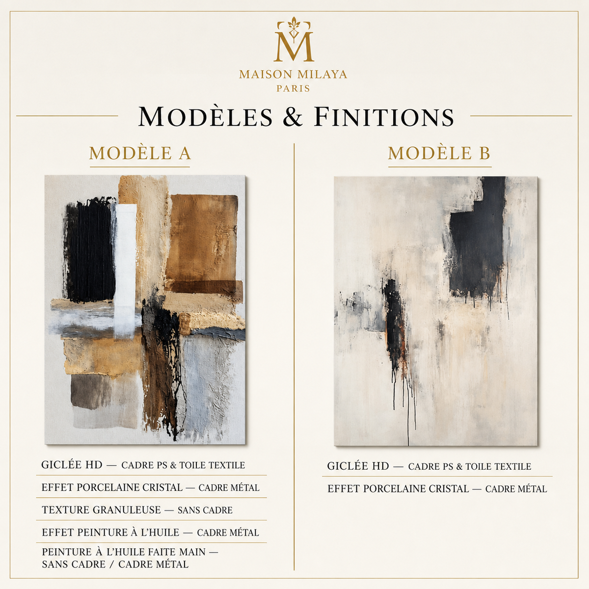 Tableau Abstrait Beige & Noir – Élégance Contemporaine – Maison Milaya — détails du produit