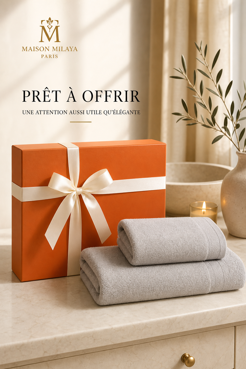 Coffret cadeau bain prêt à offrir avec deux serviettes en coton