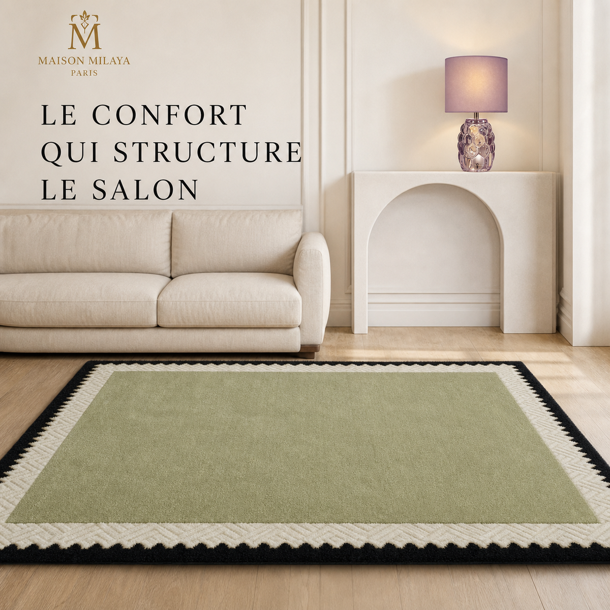 Tapis de Salon Rétro Français Lavable – Maison Milaya — mise en scène dans un intérieur élégant