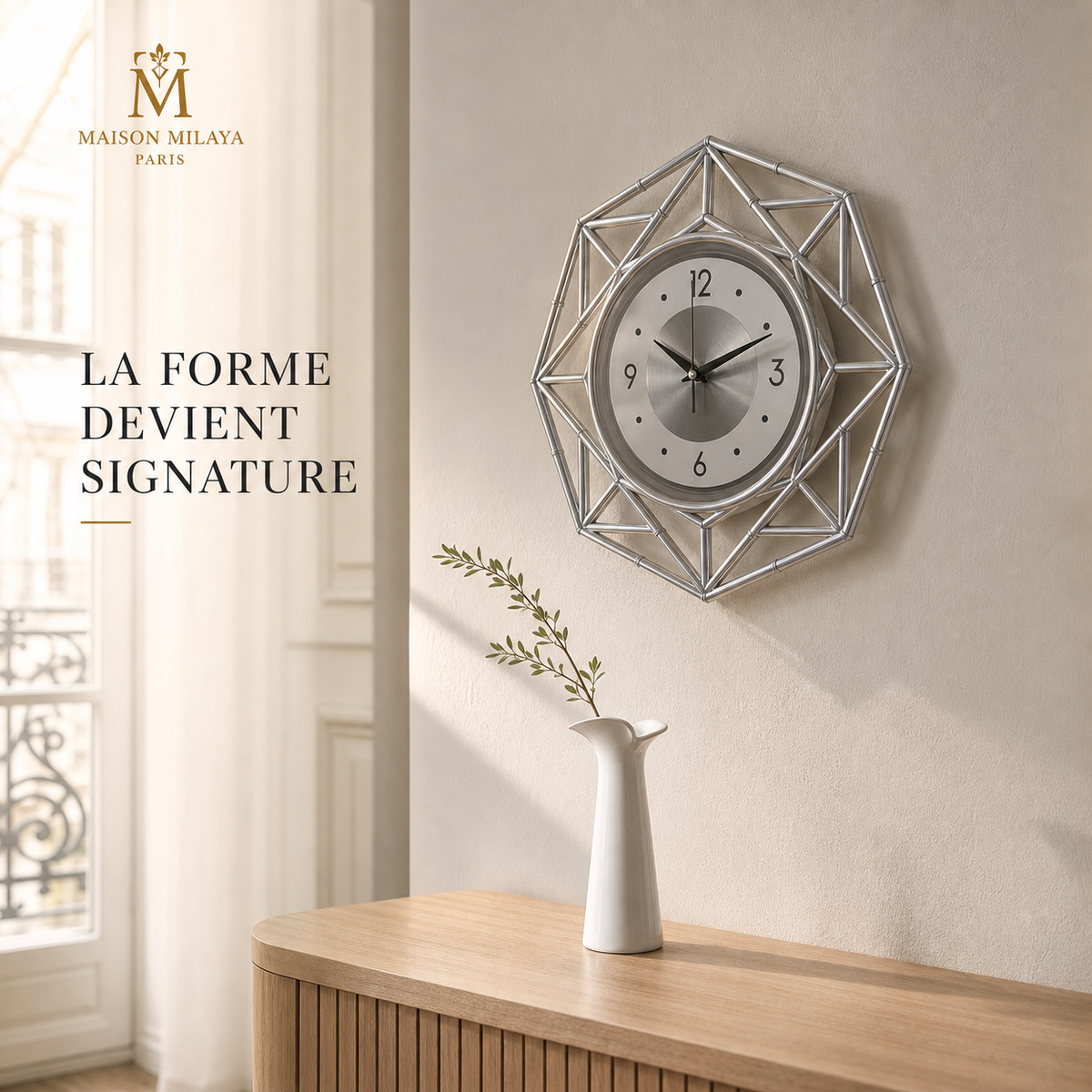 Horloge Murale Ronde ou Octogonale – Maison Milaya — mise en scène dans un intérieur élégant
