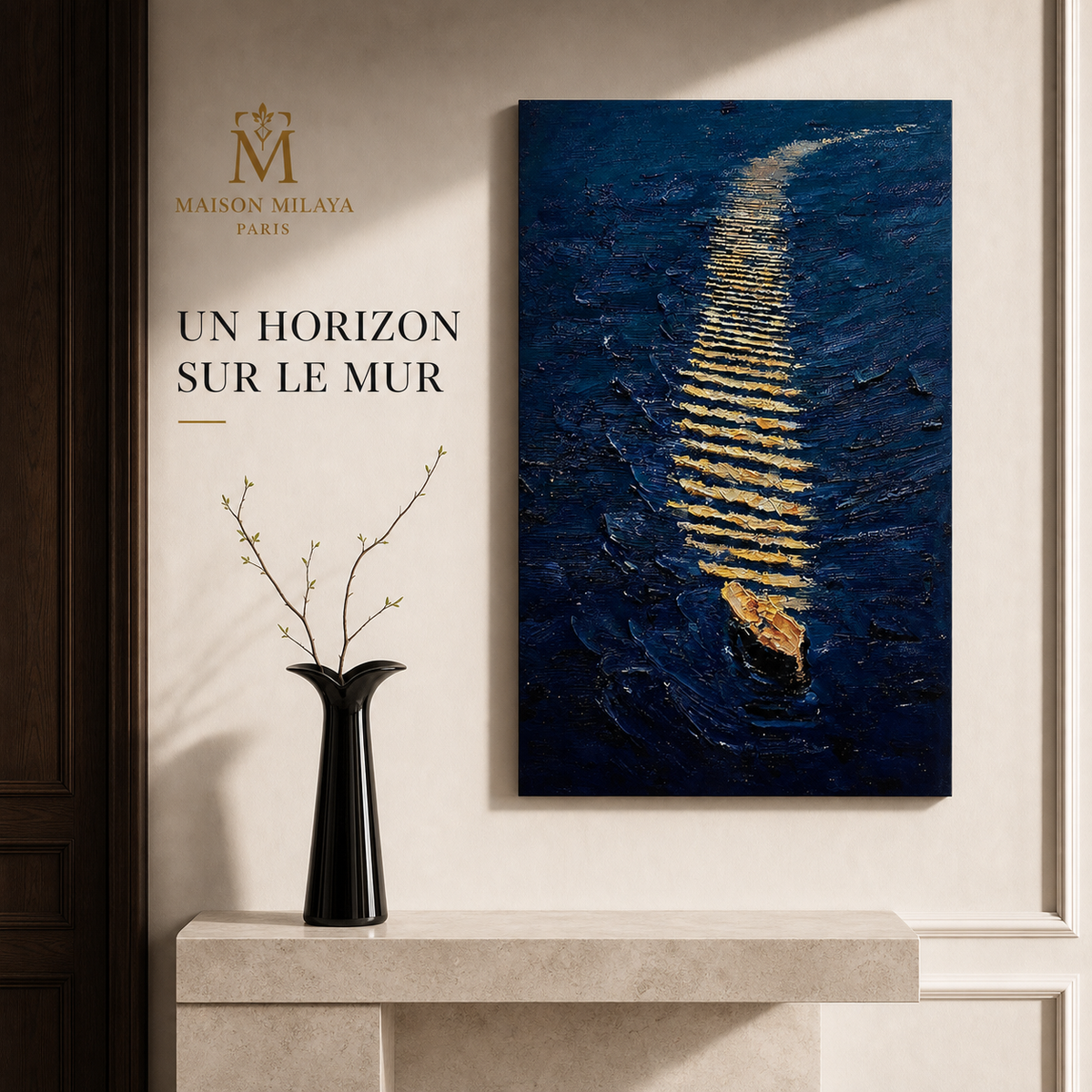 Tableau Peint à la Main « Vent et Vagues » – Maison Milaya — mise en scène dans un intérieur élégant