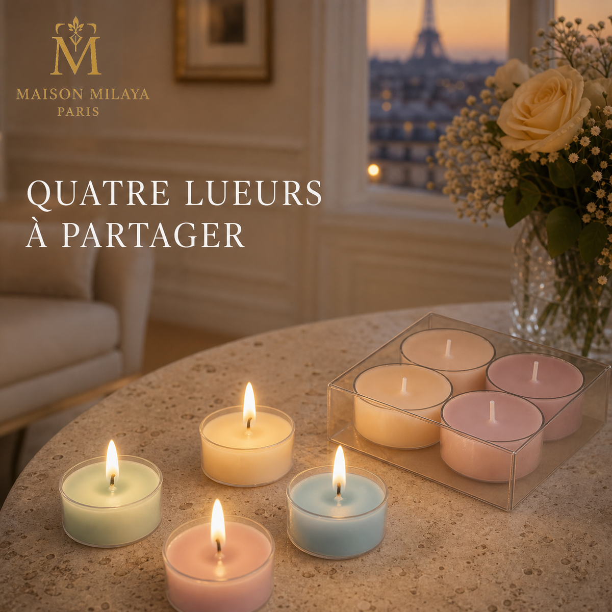 Coffret de 4 Bougies Chauffe-Plat Parfumées – Maison Milaya — mise en scène dans un intérieur élégant