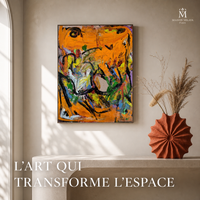 Tableau Abstrait Moderne aux Tons Orange – Maison Milaya — mise en scène dans un intérieur élégant