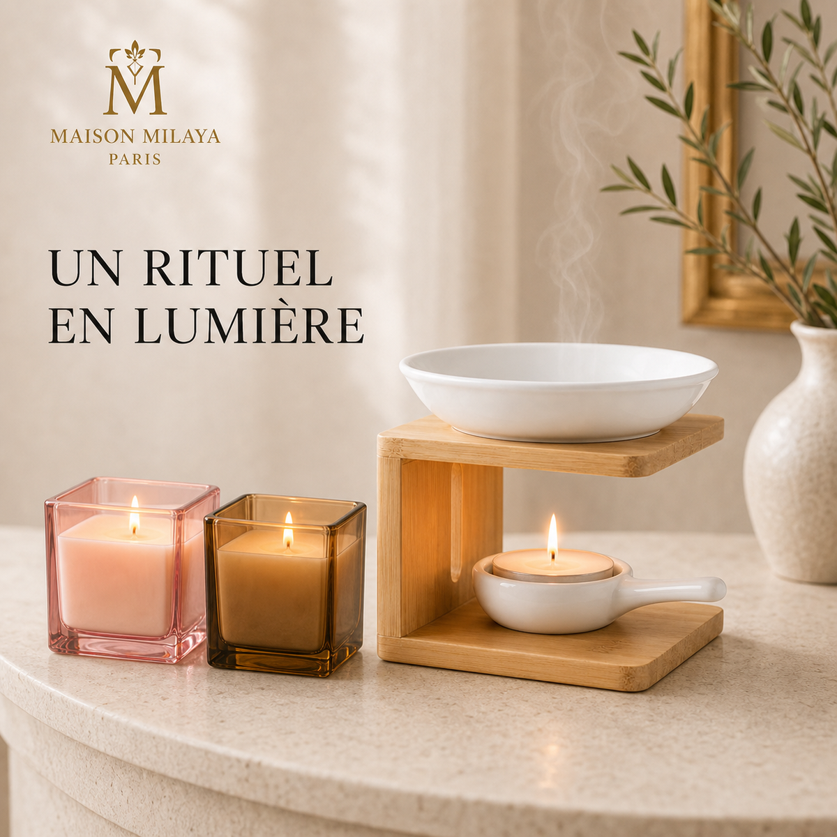 Diffuseur Aromatique en Bambou Naturel – Maison Milaya — ambiance avec bougies en verre