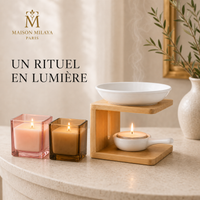 Diffuseur Aromatique en Bambou Naturel – Maison Milaya — ambiance avec bougies en verre