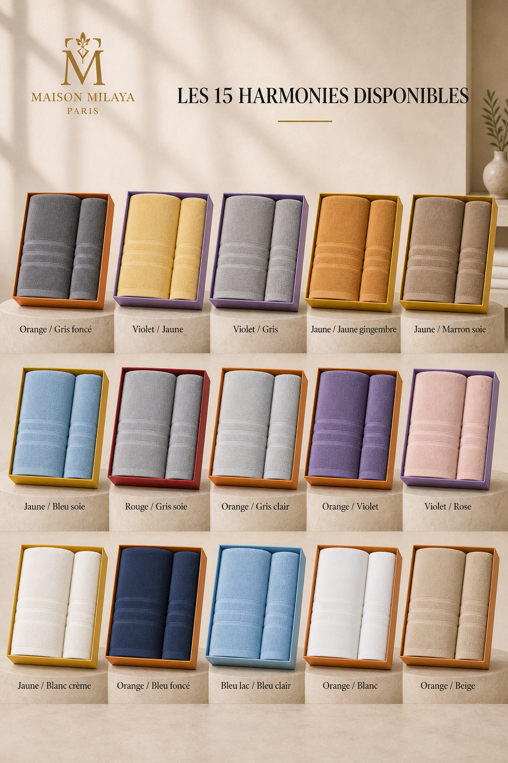 Les 15 harmonies de couleurs du coffret cadeau bain en coton Maison Milaya