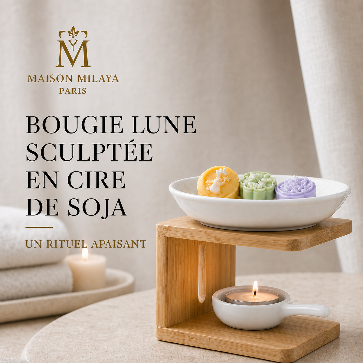 Bougie Lune Sculptée en Cire de Soja – Maison Milaya — bougies sculptées dans une mise en scène naturelle