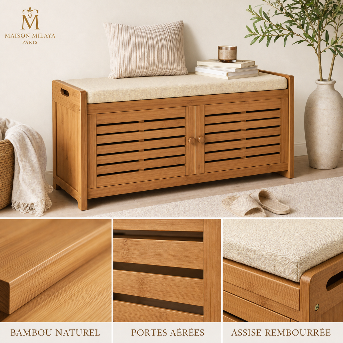 Banc à Chaussures en Bambou avec Assise – visuel 4 – Maison Milaya Paris