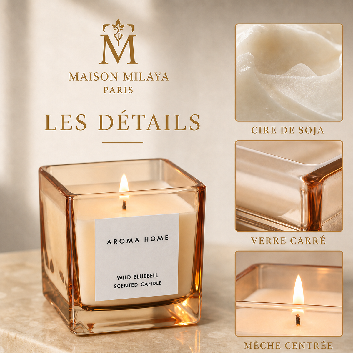 Bougie parfumée Maison Milaya Paris – cire de soja et verre carré