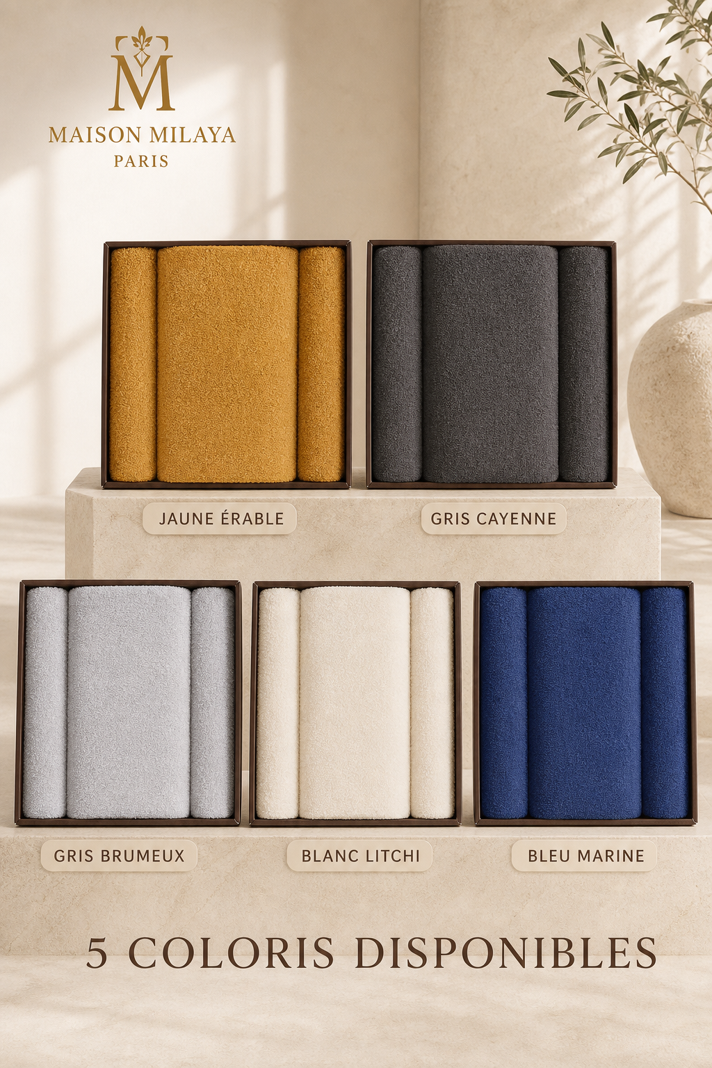 Cinq coloris du coffret cadeau de trois serviettes en coton