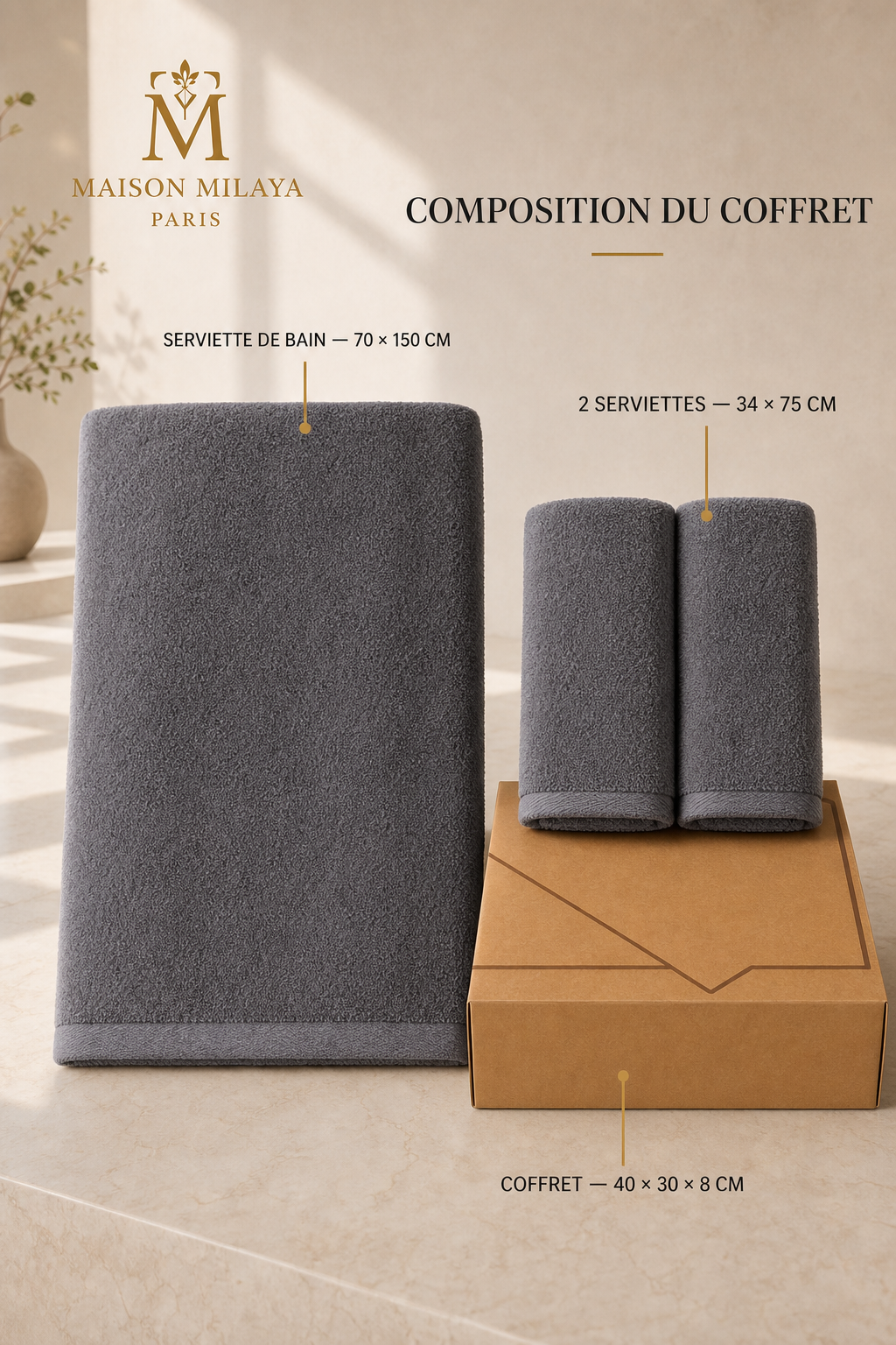 Composition et dimensions du coffret cadeau de trois serviettes en coton