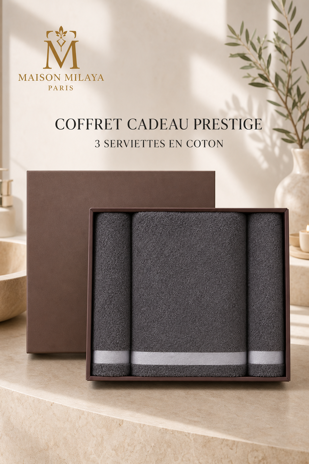 Coffret cadeau prestige avec trois serviettes en coton Maison Milaya Paris