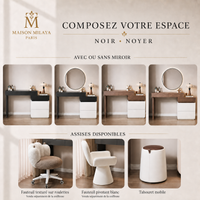Configurations de la coiffeuse Maison Milaya et assises disponibles, deux fauteuils vendus séparément