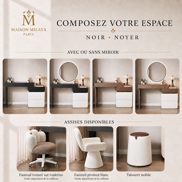 Configurations de la coiffeuse Maison Milaya et assises disponibles, deux fauteuils vendus séparément