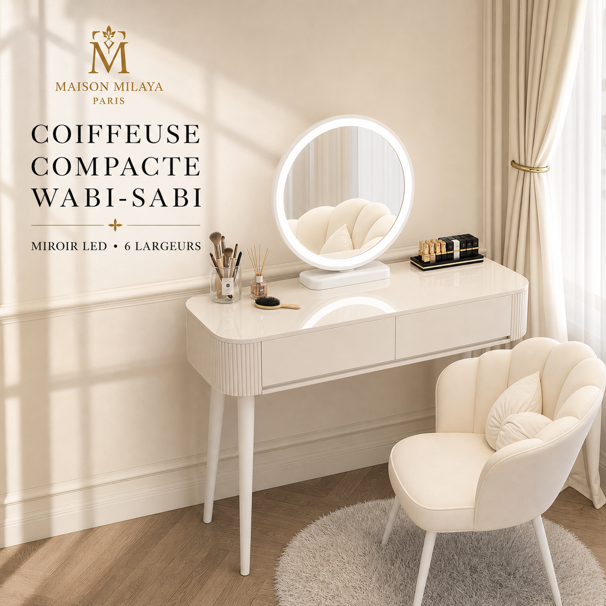 Coiffeuse compacte avec miroir LED et rangements – Maison Milaya Paris