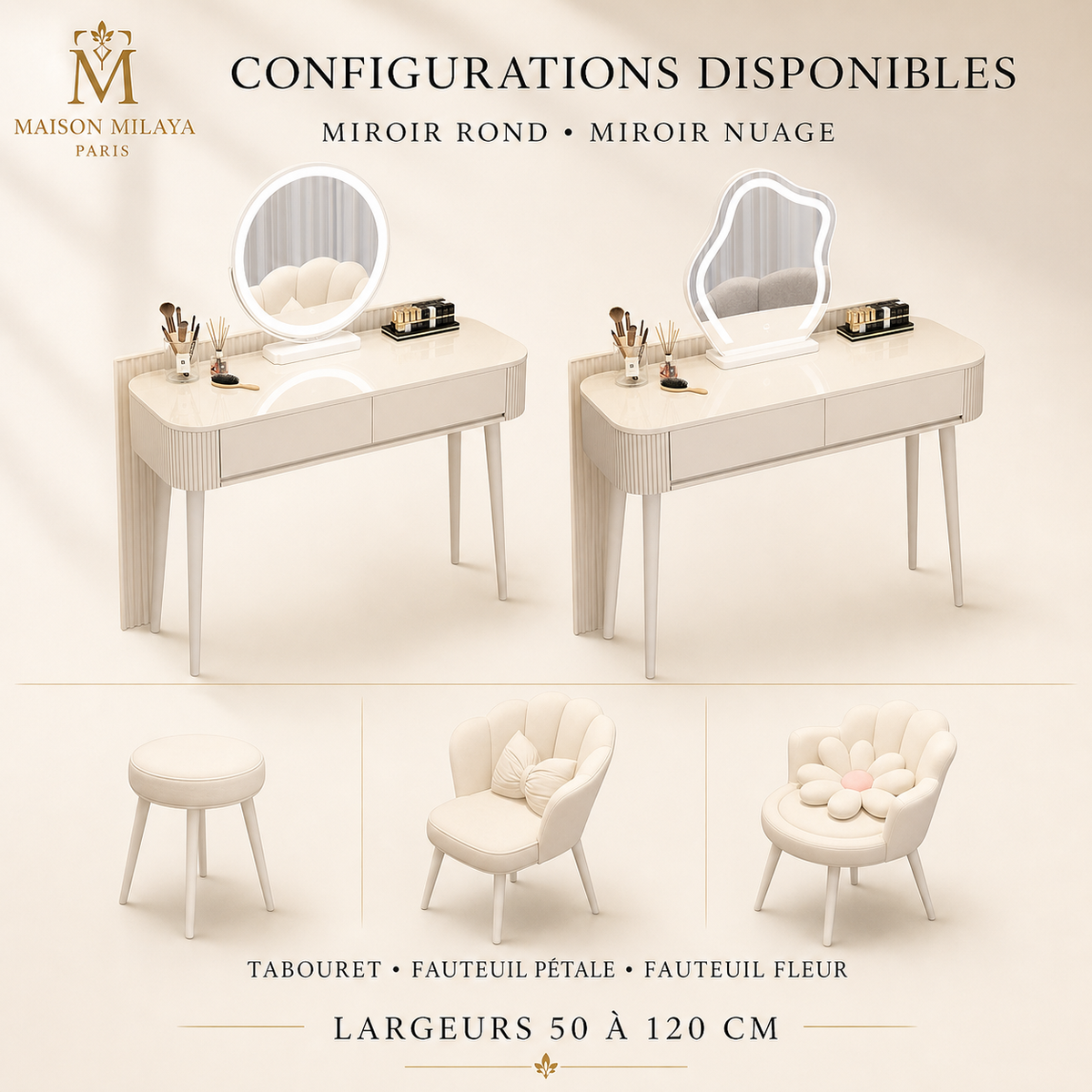 Configurations de la coiffeuse compacte avec miroir LED – Maison Milaya Paris