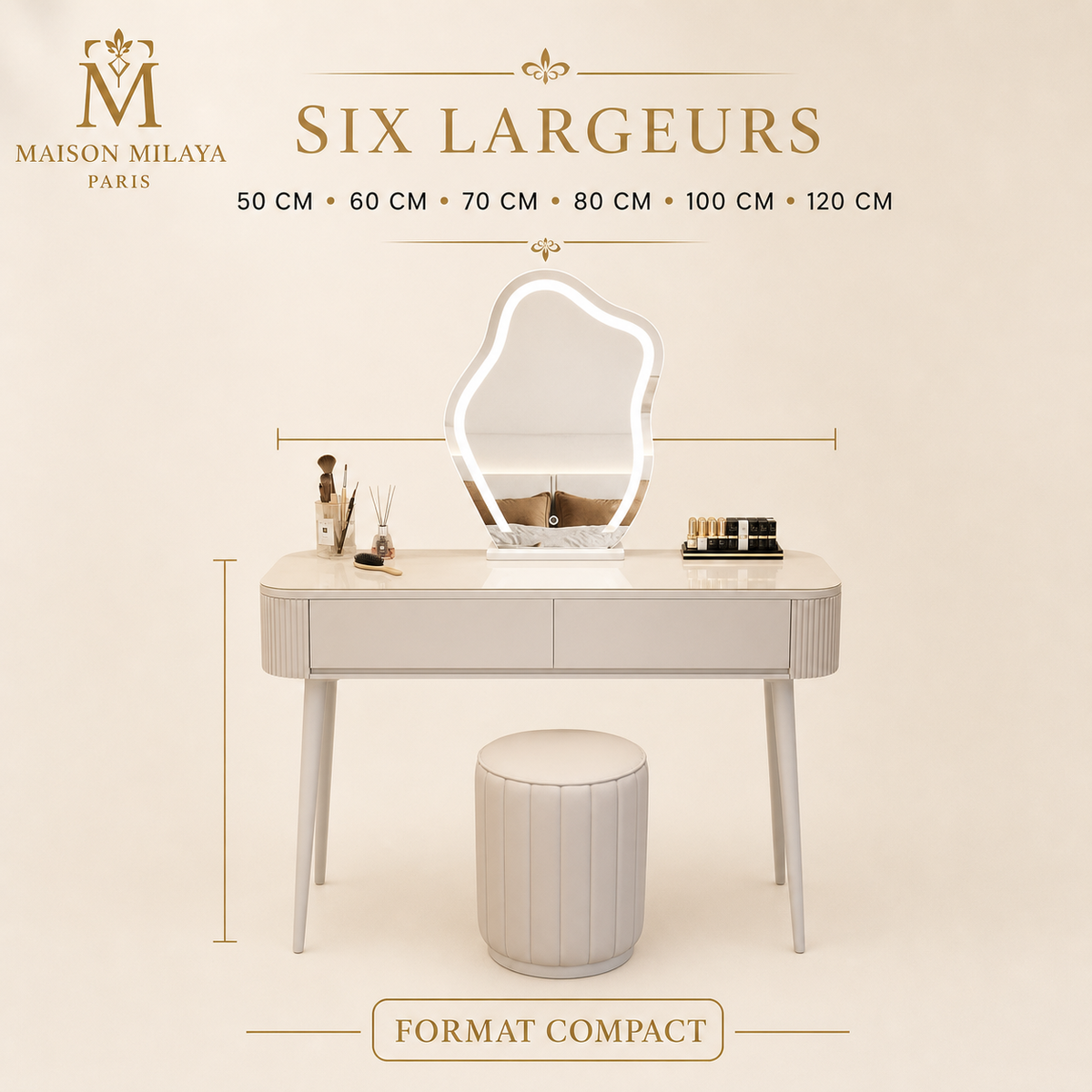 Largeurs disponibles de la coiffeuse compacte avec rangements – Maison Milaya Paris