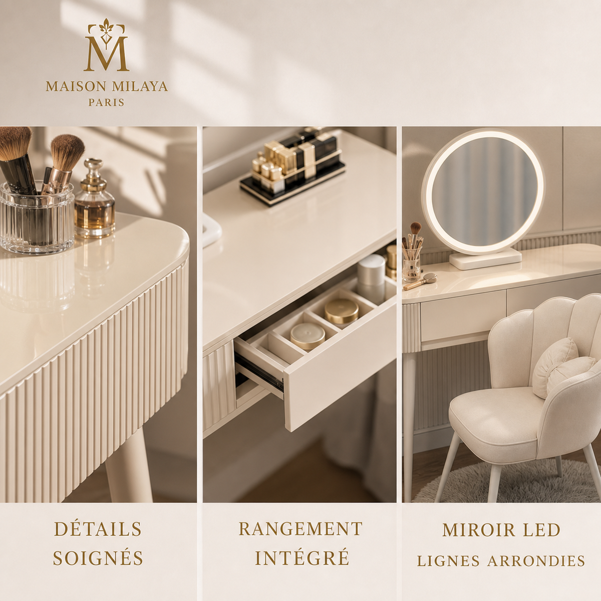 Détails de la coiffeuse compacte avec miroir LED – Maison Milaya Paris
