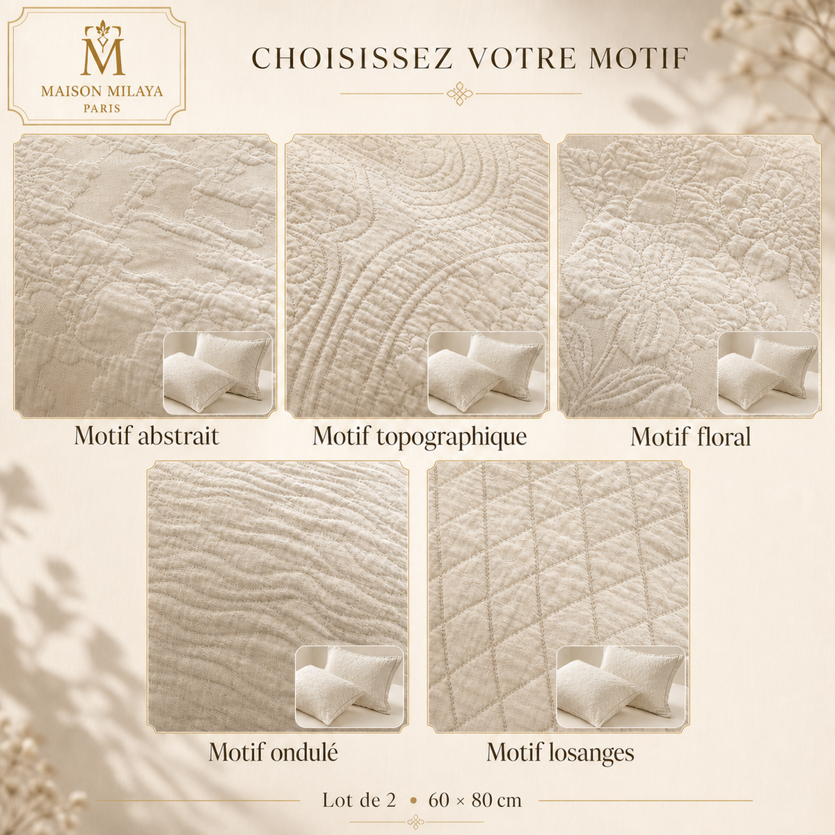 Guide rapproché des cinq motifs des housses d’oreiller en gaze de coton 60 × 80 cm