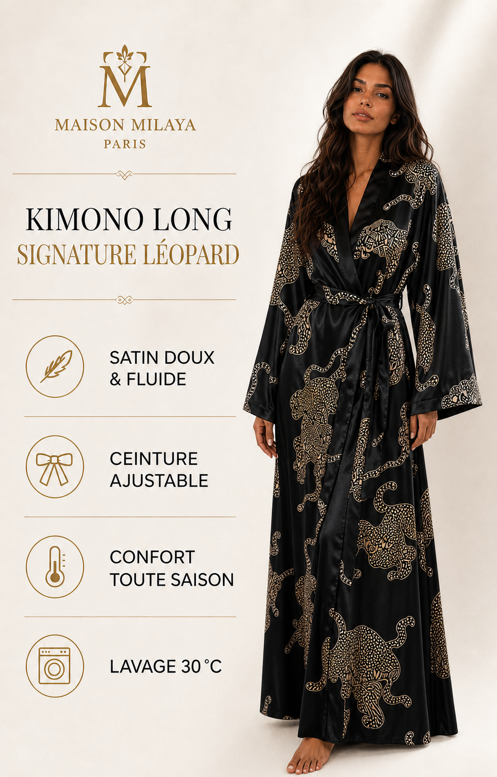 Femme portant le Kimono Long Signature Léopard et présentation de ses avantages