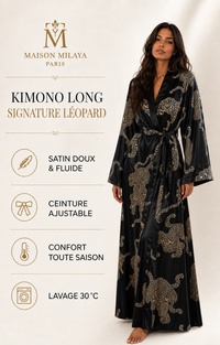Femme portant le Kimono Long Signature Léopard et présentation de ses avantages