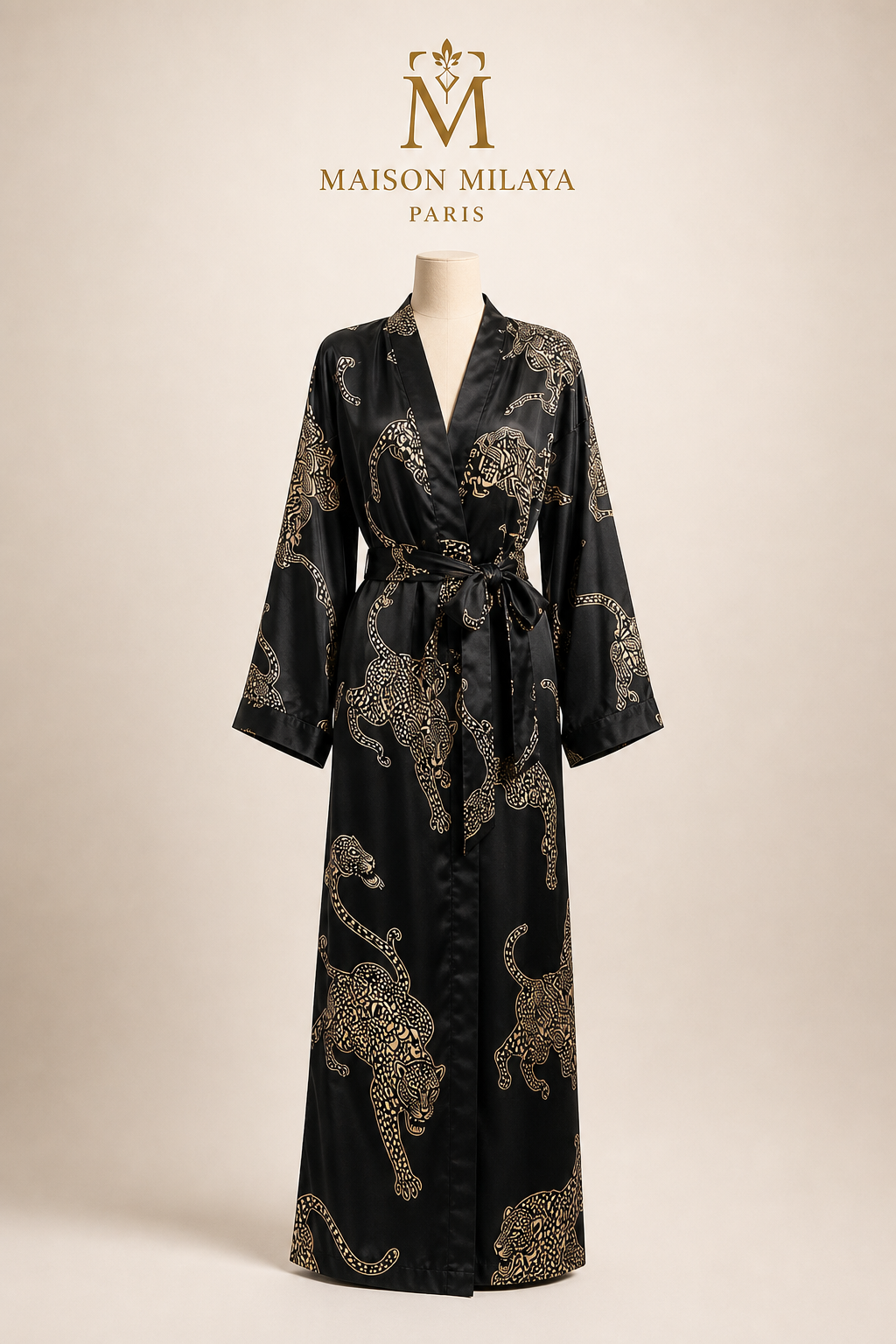Kimono Long Signature Léopard noir en satin, vue de face – Maison Milaya Paris