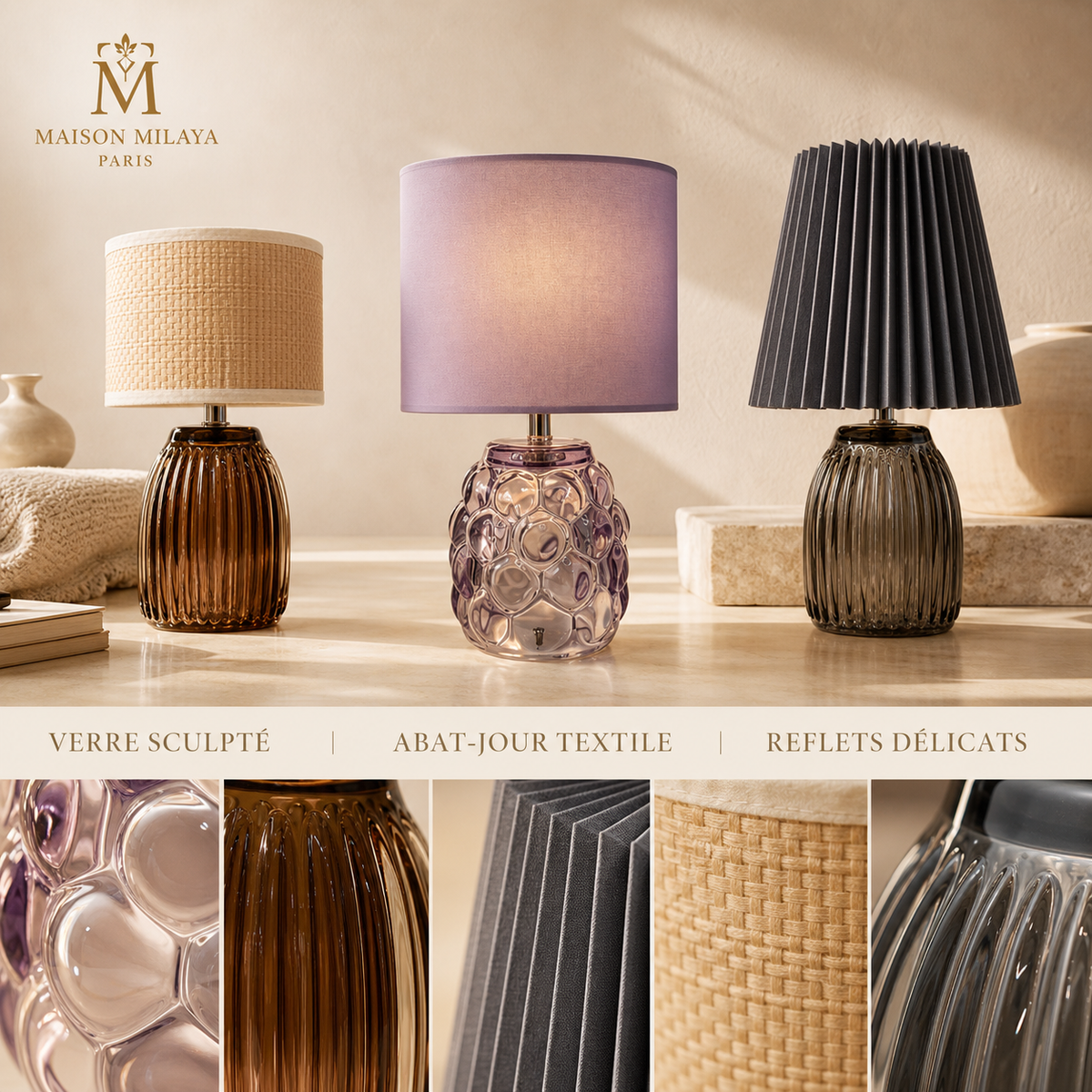 Lampe de Table en Verre Sculpté – visuel 4 – Maison Milaya Paris