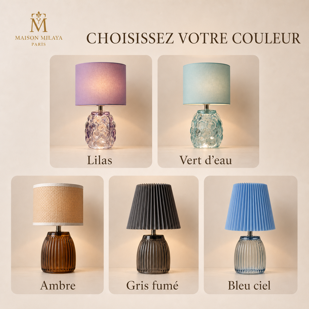 Guide des cinq couleurs de la lampe de table en verre sculpté Maison Milaya Paris