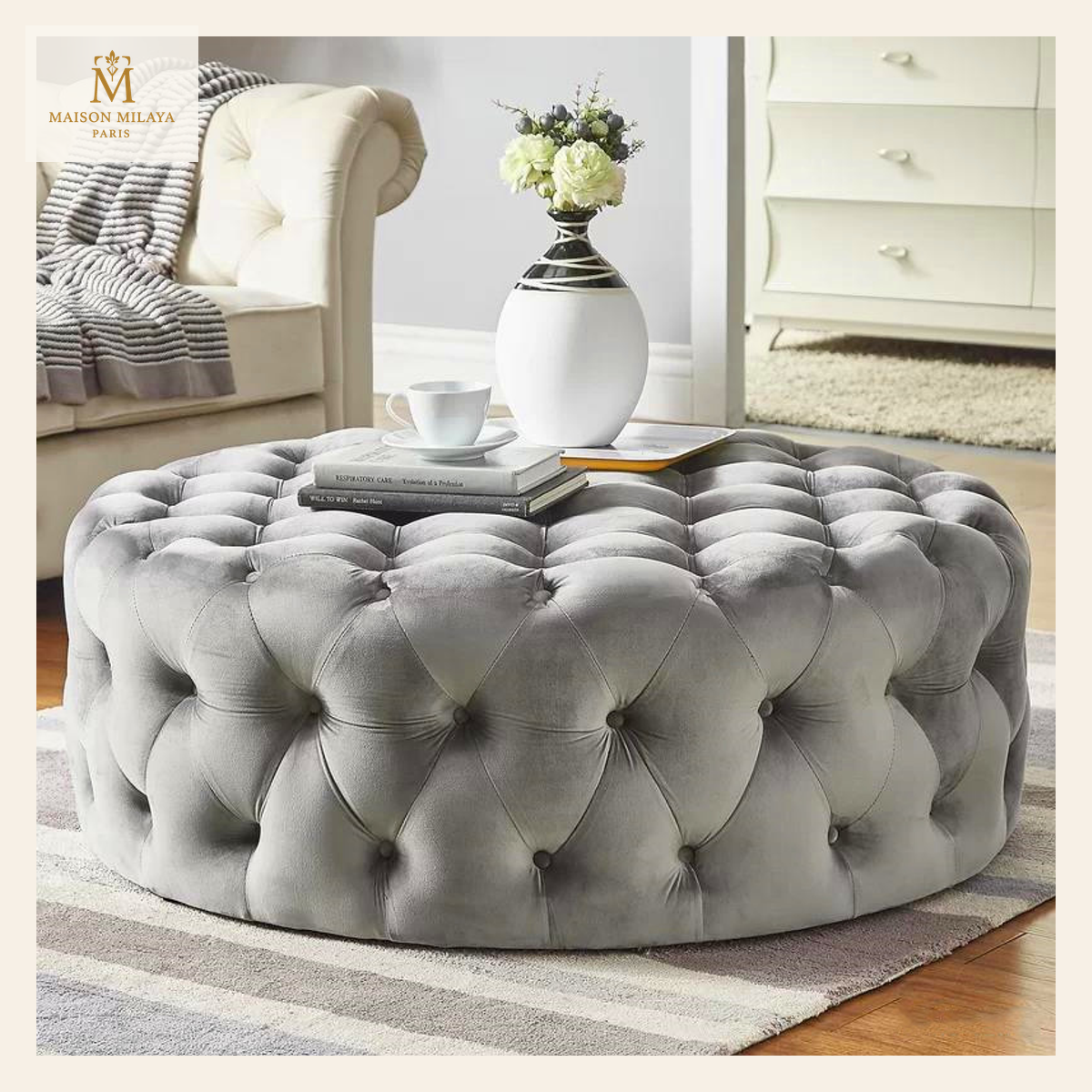 Puf redondo de terciopelo — Gris claro | Maison Milaya