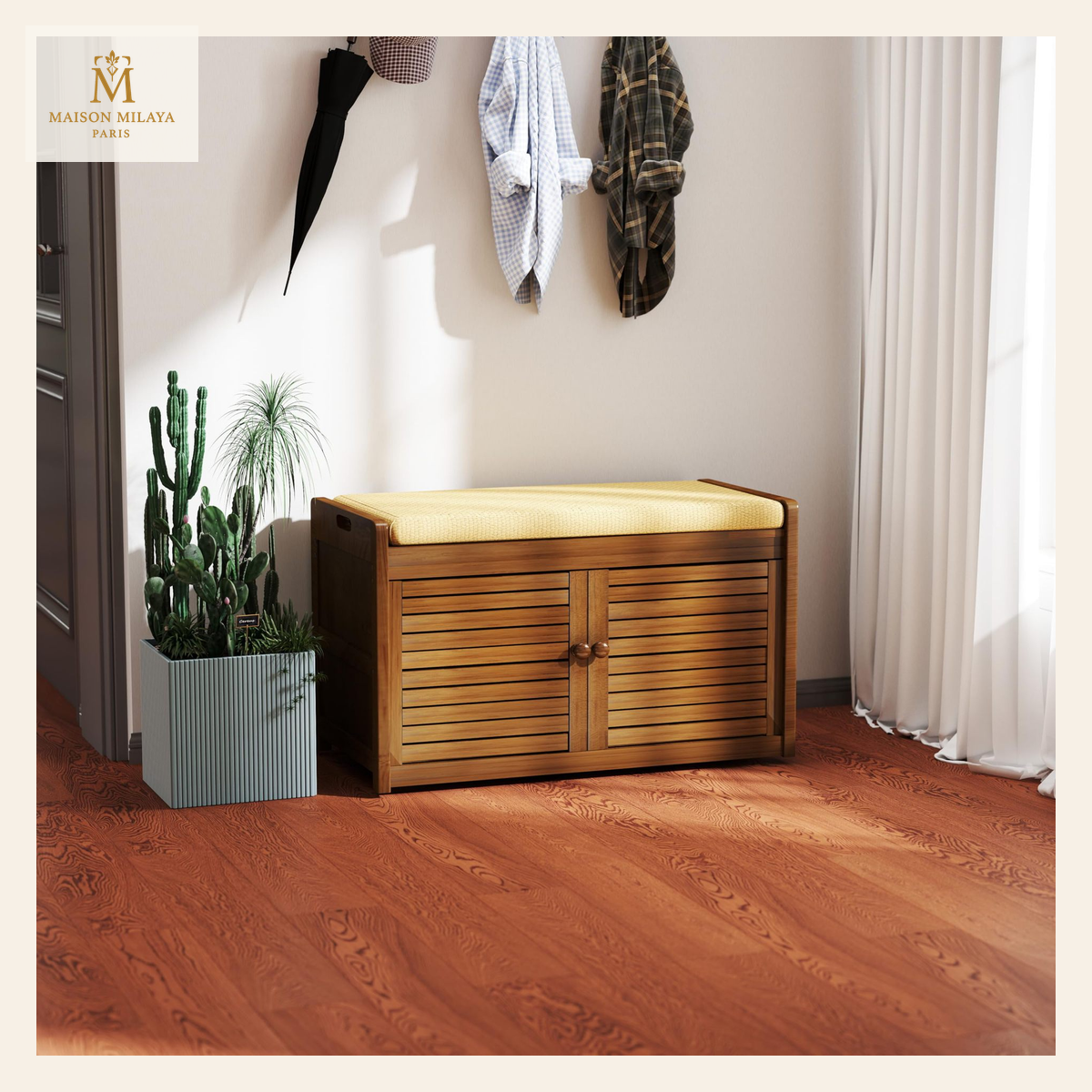 Banco zapatero de bambú con asiento — 80 × 35 × 48 cm | Maison Milaya