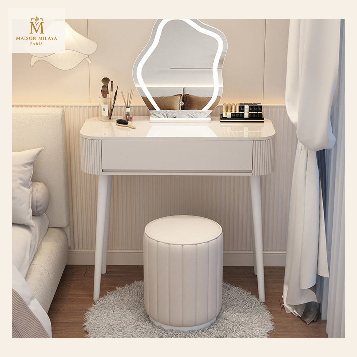 Tocador compacto con espejo LED y almacenamiento — Blanco – 80 cm | Maison Milaya