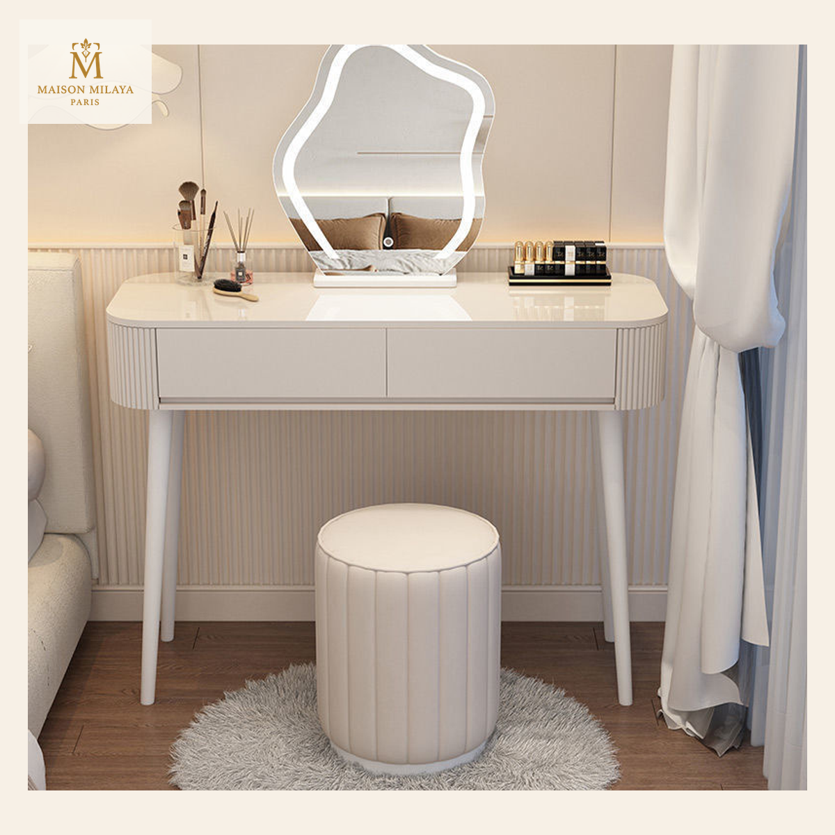 Tocador compacto con espejo LED y almacenamiento — Blanco – 100 cm, Blanco – 120 cm | Maison Milaya