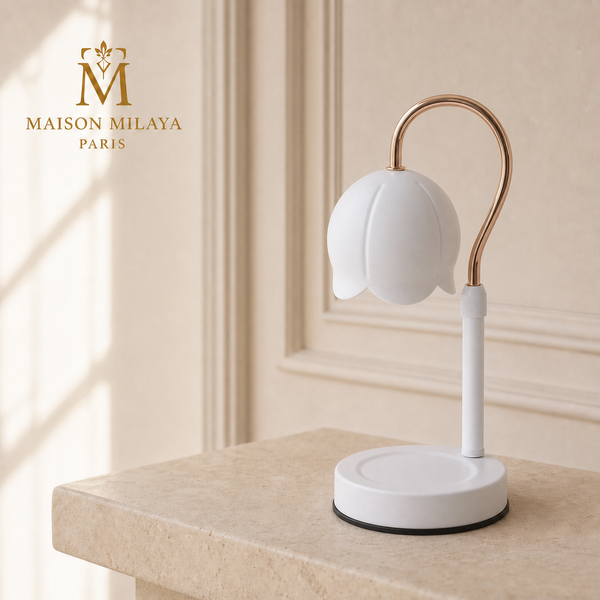 Lampe chauffe-bougie Muguet ajustable blanc et doré Maison Milaya Paris