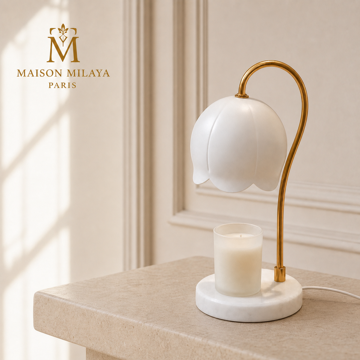 Lampe chauffe-bougie Muguet avec base effet marbre Maison Milaya Paris