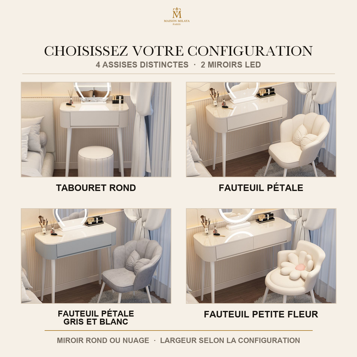Tocador compacto Maison Milaya — cuatro asientos y dos espejos LED